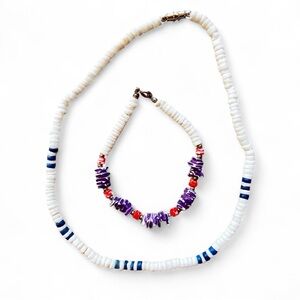 Heishi Shell Seed Bead choker necklace and bracelet set Purple Coral White Navy